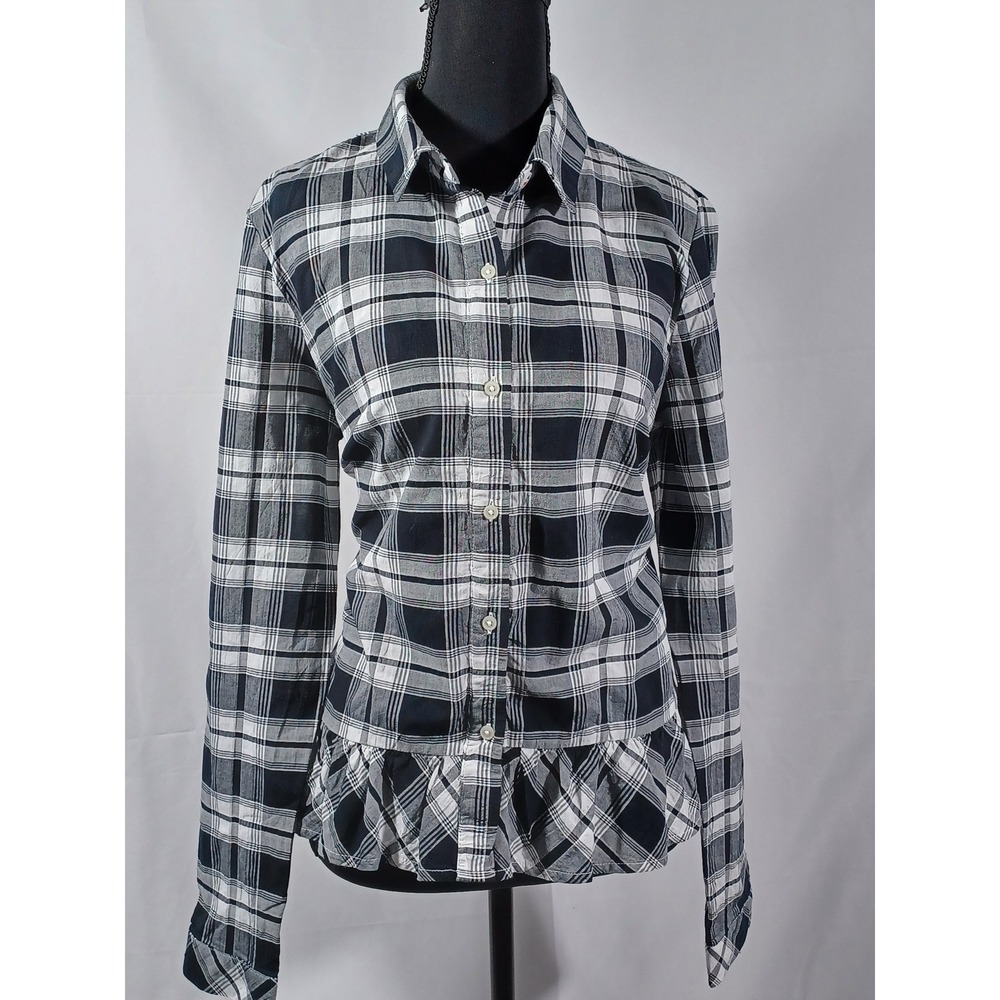 Tommy Hilfiger Womens Plaid Ruffle Hem Button Up Shirt Top S/P‎ Black White